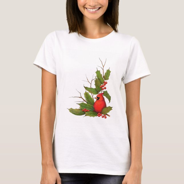 Hand-Drawn Christmas Illustration: Holly, Cardinal T-Shirt (Front)