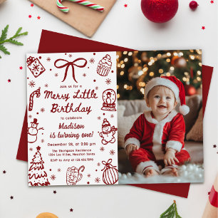 Hand Drawn Christmas Merry Little Birthday Photo Invitation