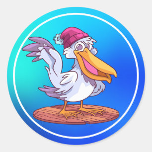 Hand Drawn Christmas Pelican Cartoon Classic Round Sticker