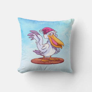 Hand Drawn Christmas Pelican Cartoon Throw Pillow
