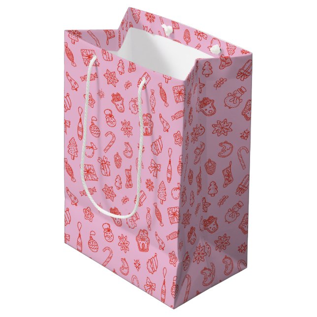 Hand drawn  Christmas Pink and Red  Medium Gift Bag (Front Angled)
