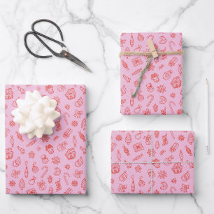 Hand drawn  Christmas Pink and Red Wrapping Paper