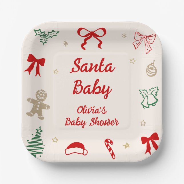 Hand Drawn Christmas Santa Baby Baby Shower Paper Plate (Front)