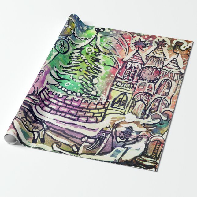 HAND DRAWN CHRISTMAS SCENE GIFT WRAPPING PAPER  (Unrolled)