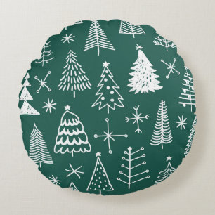 Hand drawn Christmas trees, winter pattern. Round Pillow