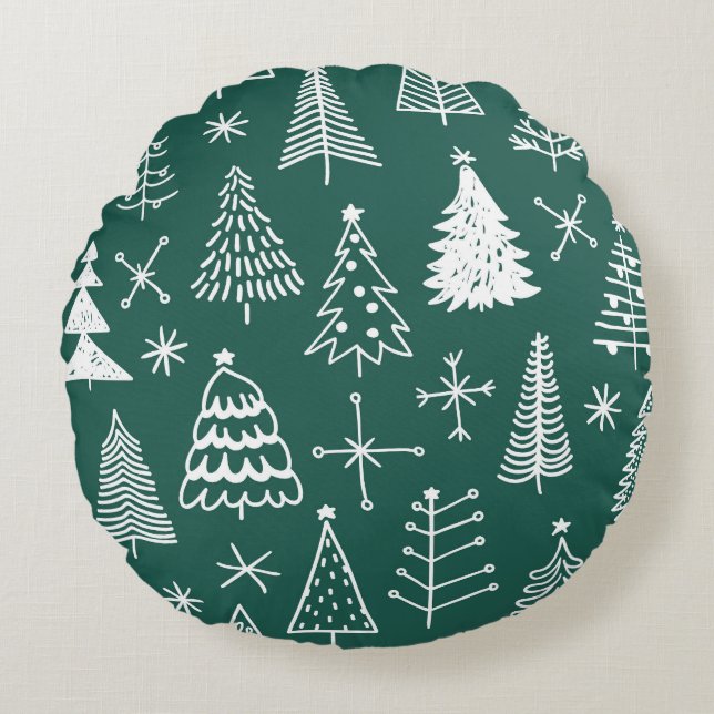 Hand drawn Christmas trees, winter pattern. Round Pillow (Front)