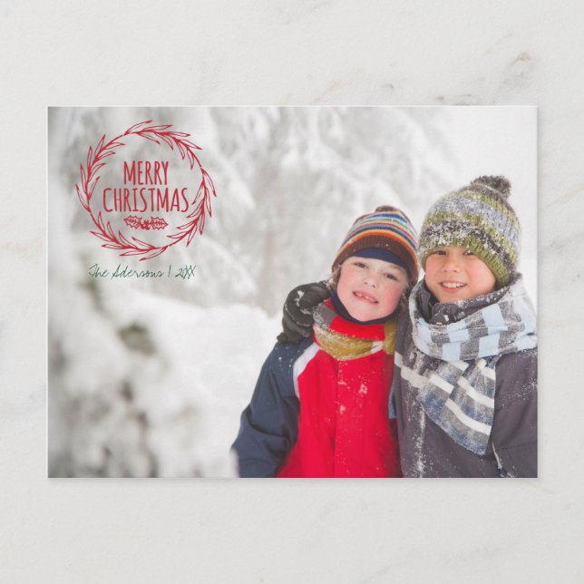 Hand Drawn Christmas Wreath Holiday Photo Postcard (Front)