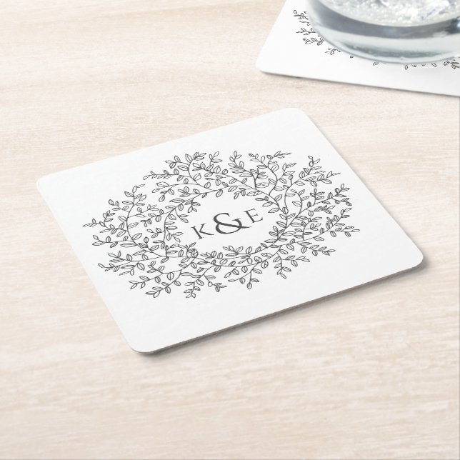 Hand drawn circle of leaves monogram wedding square paper coaster (Angled)