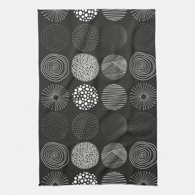 Hand drawn Circles Abstract Black & White B/W Kitchen Towel (Vertical)