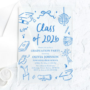 Hand Drawn Class of 2026 Blue Graduation Party Acrylic Invitations