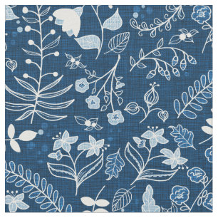 Hand Drawn Classic Blue Boho Flowers Fabric
