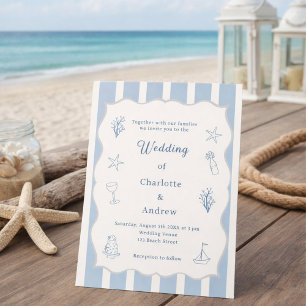Hand drawn coastal beach dusty blue ivory wedding invitation