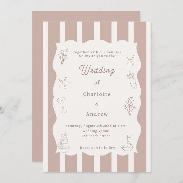Hand drawn coastal beach ivory taupe wedding invitation (Front/Back)