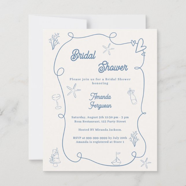Hand drawn coastal blue Bridal Shower invitation (Front)