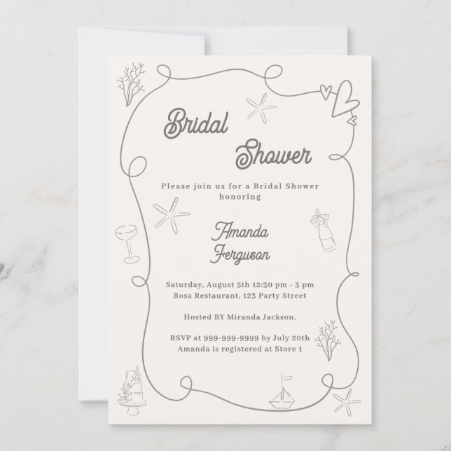Hand drawn coastal ivory taupe sand Bridal Shower Invitation (Front)