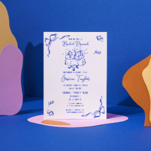 Hand Drawn Cobalt Blue Bridal Brunch French Bow Invitation