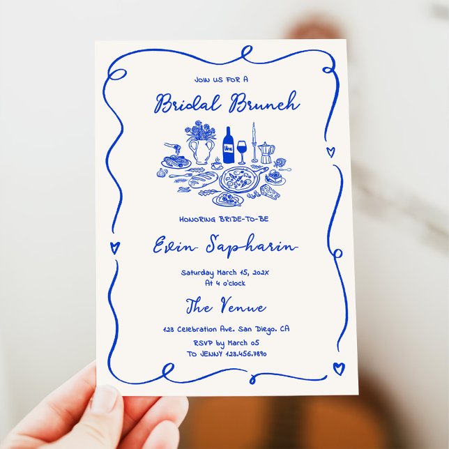 Hand Drawn Cobalt Blue Bridal Brunch Invitation (Creator Uploaded)
