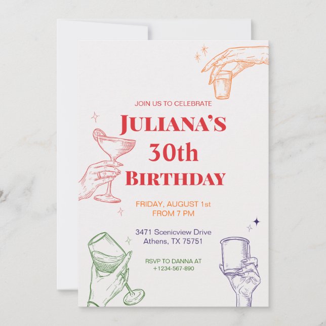 Hand Drawn Cocktail 30th Birthday Invitation (Front)