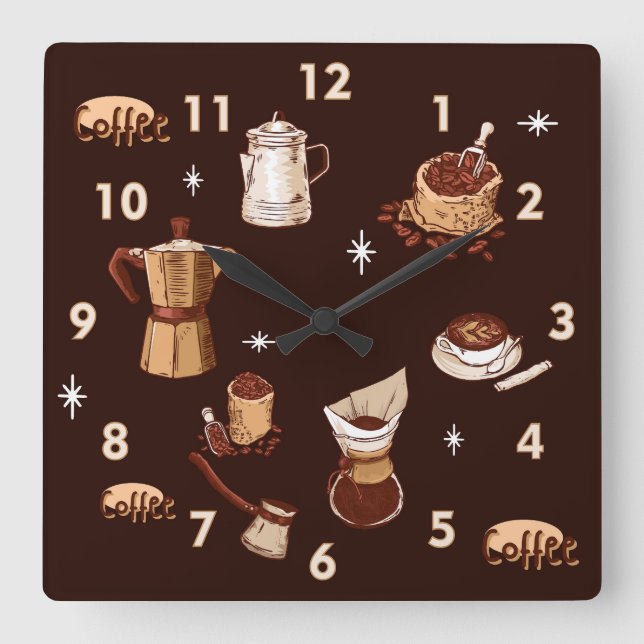 Hand Drawn Coffee Pot, Beans & Cup Square Wall Clock (Front)