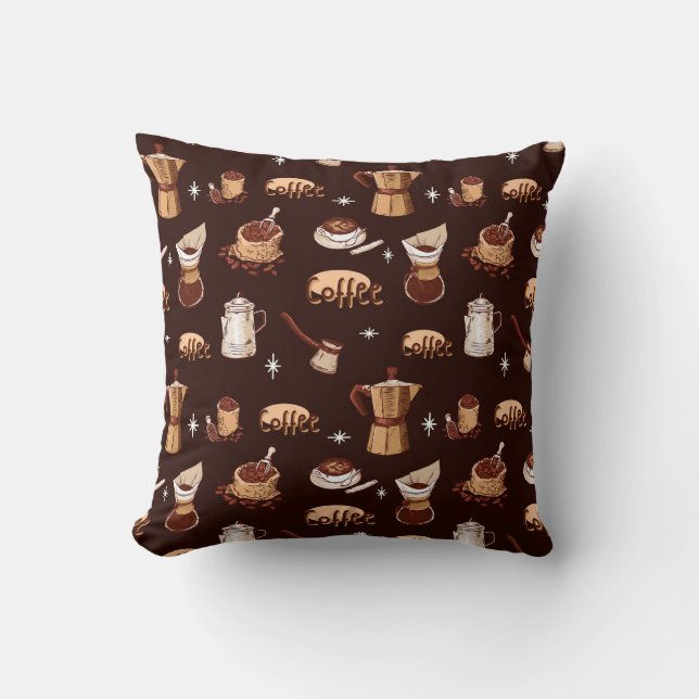 Hand Drawn Coffee Pot, Beans & Cup Throw Pillow (Front)