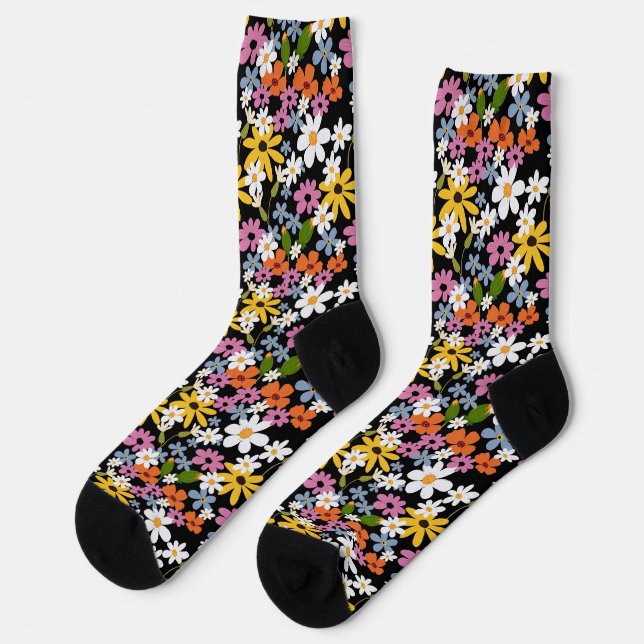 Hand-drawn Colorful Botanical Seamless Pattern Socks (Left)