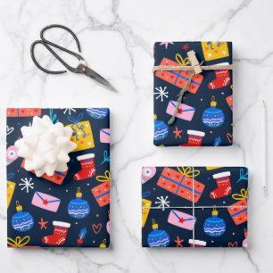Hand Drawn Colorful Christmas Pattern, Midnight Wrapping Paper Sheet