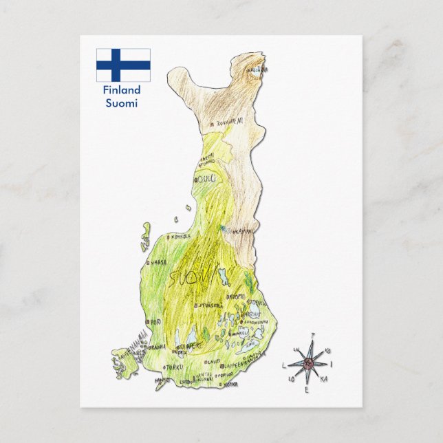 Hand Drawn Colour Map of Finland Postcard (Front)
