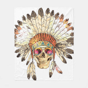 Hand Drawn Colour Native American Indian Headdress Fleece Blanket