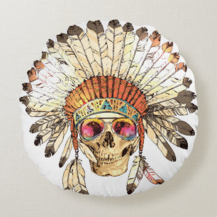 Hand Drawn Colour Native American Indian Headdress Round Pillow
