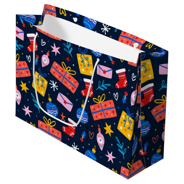 Hand Drawn Colourful Christmas Pattern, Deep Blue Large Gift Bag (Front Angled)
