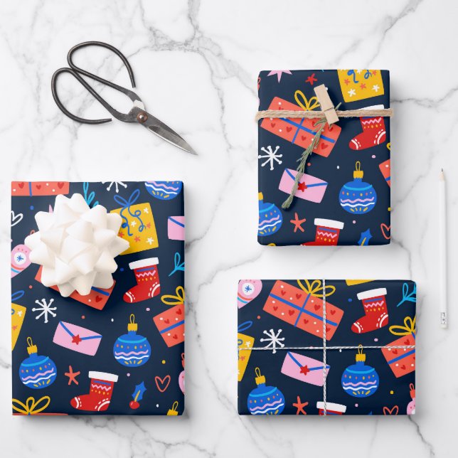 Hand Drawn Colourful Christmas Pattern, Midnight Wrapping Paper Sheet (Front)