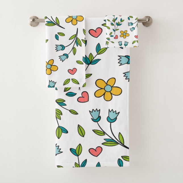 Hand-Drawn Colourful Floral & Hearts Pattern  Bath Towel Set (Insitu)