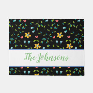 Hand-Drawn Colourful Floral & Hearts Pattern Doormat