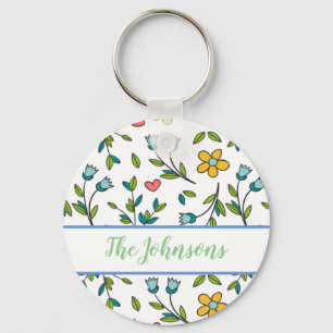 Hand-Drawn Colourful Floral & Hearts Pattern Keychain