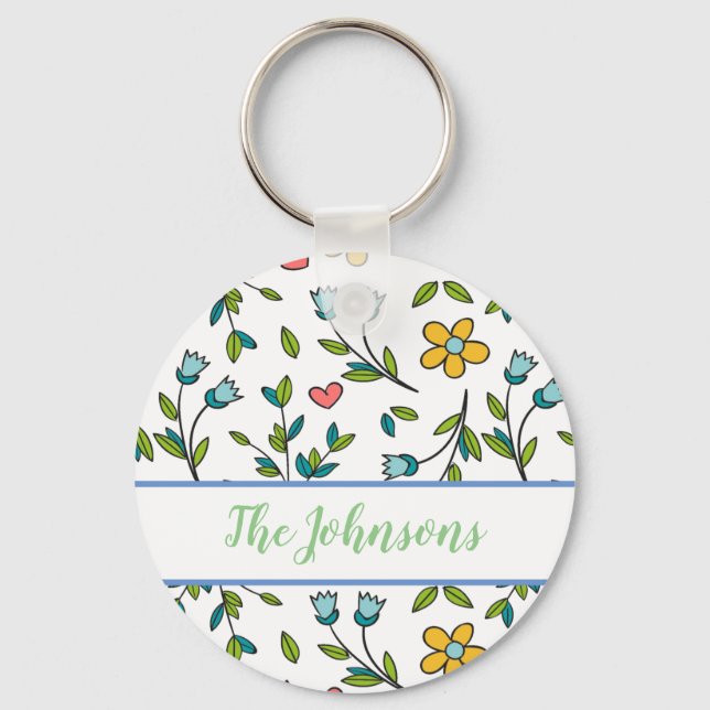 Hand-Drawn Colourful Floral & Hearts Pattern  Keychain (Front)