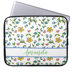 Hand-Drawn Colourful Floral & Hearts Pattern Laptop Sleeve