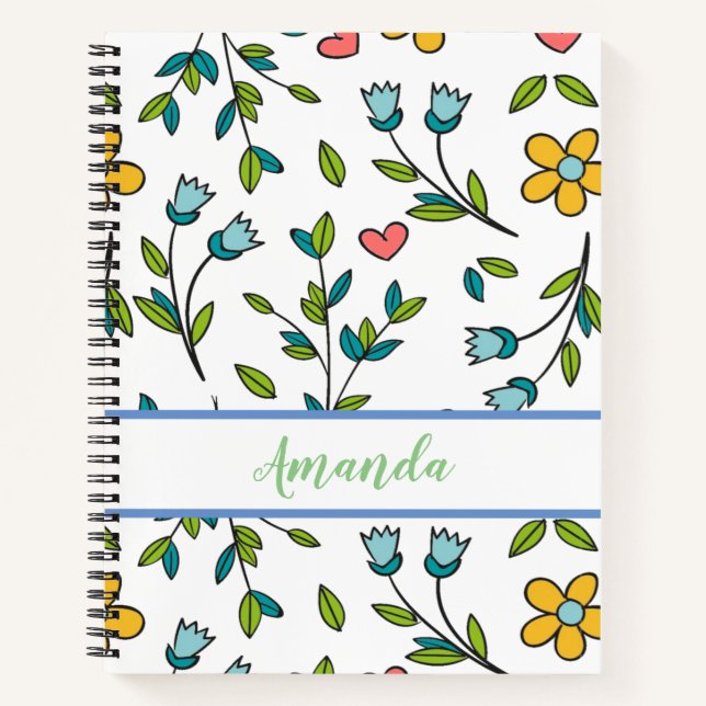 Hand-Drawn Colourful Floral & Hearts Pattern  Notebook (Front)