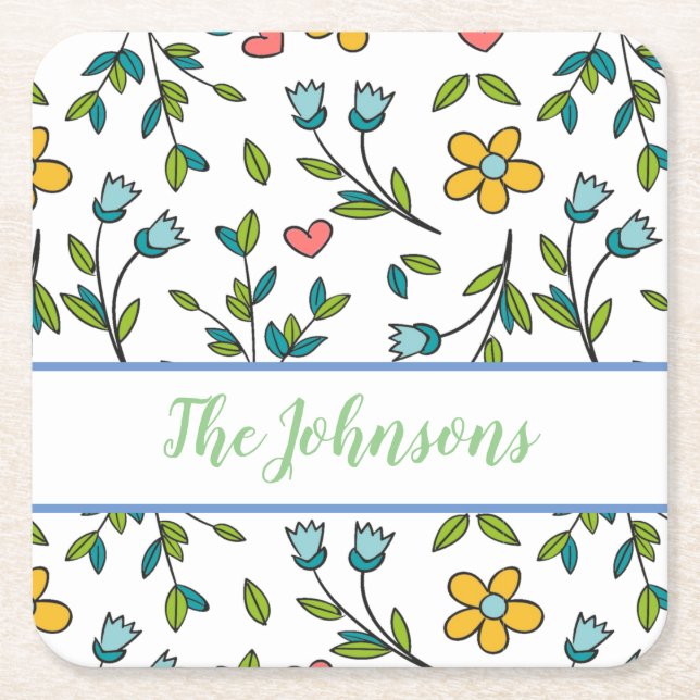 Hand-Drawn Colourful Floral & Hearts Pattern  Square Paper Coaster (Front)