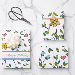 Hand-Drawn Colourful Floral & Hearts Pattern  Wrapping Paper Sheet