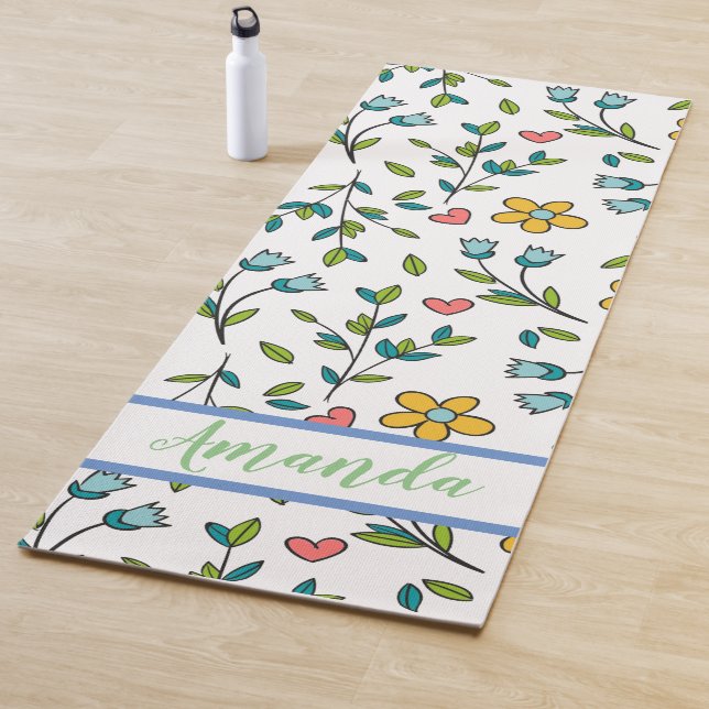 Hand-Drawn Colourful Floral & Hearts Pattern  Yoga Mat (In Situ)