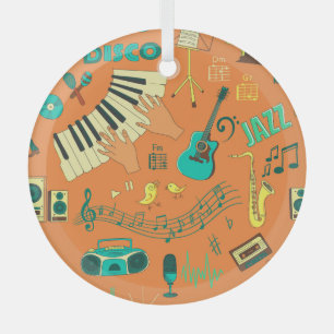 Hand-drawn colourful music pattern glass ornament