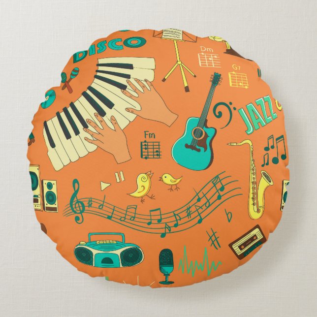Hand-drawn colourful music pattern round pillow (Front)