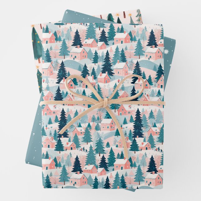 Hand Drawn Colourful trees Holiday Pattern Wrapping Paper Sheet (In situ)