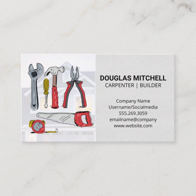 Hand Drawn Construction Tools | House Background Business Card (Front)