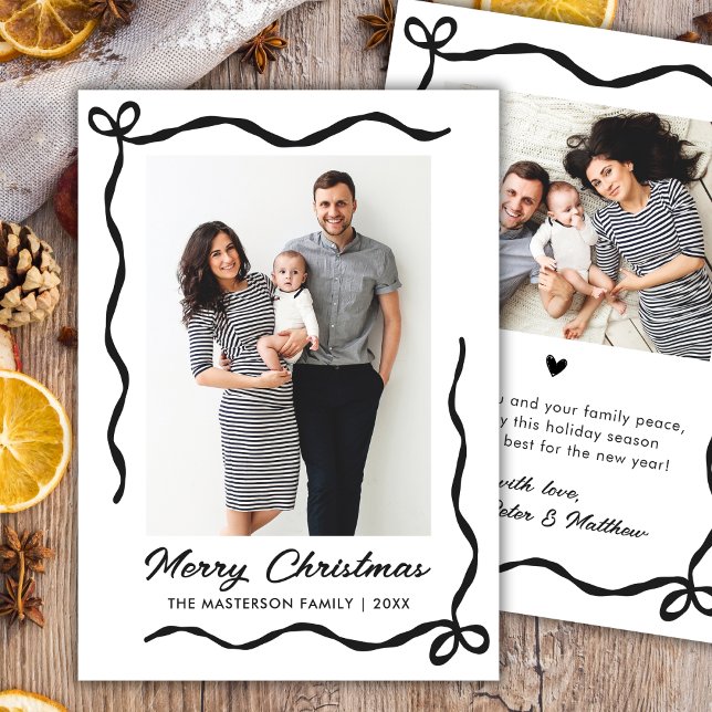 Hand Drawn Coquette Bow 2 Photo Merry Christmas  Holiday Card (Creator Uploaded)