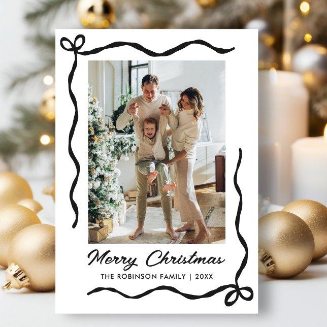 Hand Drawn Coquette Bow 2 Photo Merry Christmas  Holiday Card (Creator Uploaded)