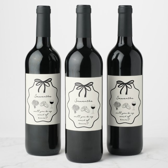 Hand Drawn Coquette Bow Maid of Honour Proposal Wine Label (Bottles)