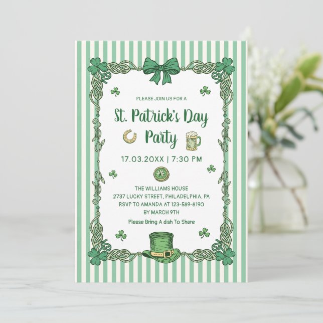 Hand Drawn Coquette Bow Stripes St Patrick's Day  Invitation (Standing Front)