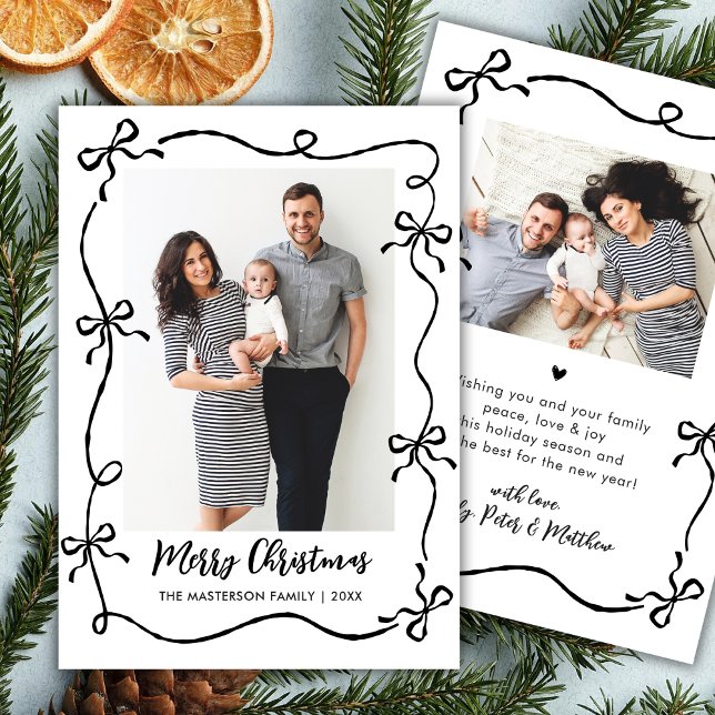 Hand Drawn Coquette Bows 2 Photo Merry Christmas Holiday Card (Creator Uploaded)