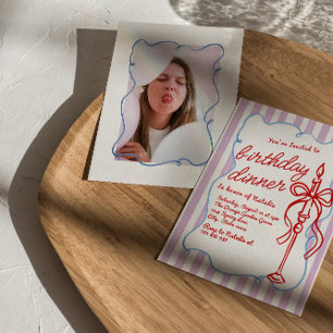 Hand Drawn Coquette Candle Photo Birthday Dinner Invitation